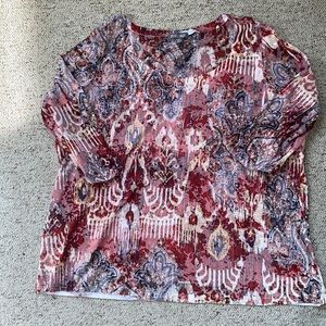 Roz & Ali 2X Top Shirt Embellished Scoop Neck 3/4 Sleeve Lightweight Abstract